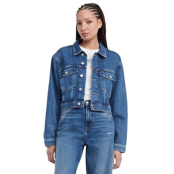 Tommy Jeans Women's Claire Cropped Denim Flag Jacket Blue Size L MSRP $149